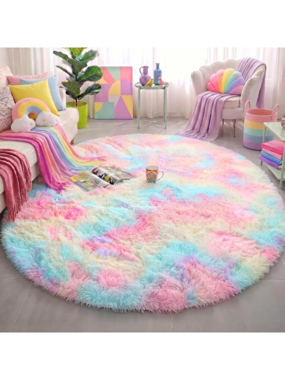 〽️Rainbow Unicorn Pastel Round Rug 4Ft Bedroom Playroom Fluffy Shag Carpet